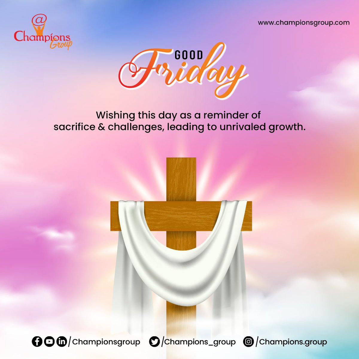 🌟#GoodFriday from #ChampionsGroup! 🌟 🌱 Reflect on sacrifice: Past sacrifices shape future triumphs. 💪 Overcome challenges to grow stronger and wiser. 🌿 Unrivaled #growth through perseverance and resilience. Embrace obstacles as stepping stones to success.