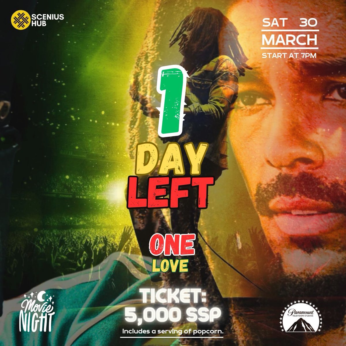 One day left to see the Bob Marley movie screening at Scenius Hub this Saturday! Don't miss it! Bring your friends and family. ⏱️date: Sat 30 March - open at 6pm movie start at 7pm buff.ly/4ayJQVX For more information DM us or call: 0927780457 0920220335