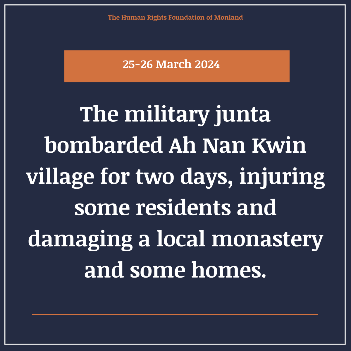 On March 25th and 26th, the military junta came to Aa Nan Kwin village, Kyarinnseikyi Township, Karen State, without fighting and bombarded it with Y12 aircraft. Some monasteries and houses in the village were destroyed. Three villagers were injured by the explosion. 1/2