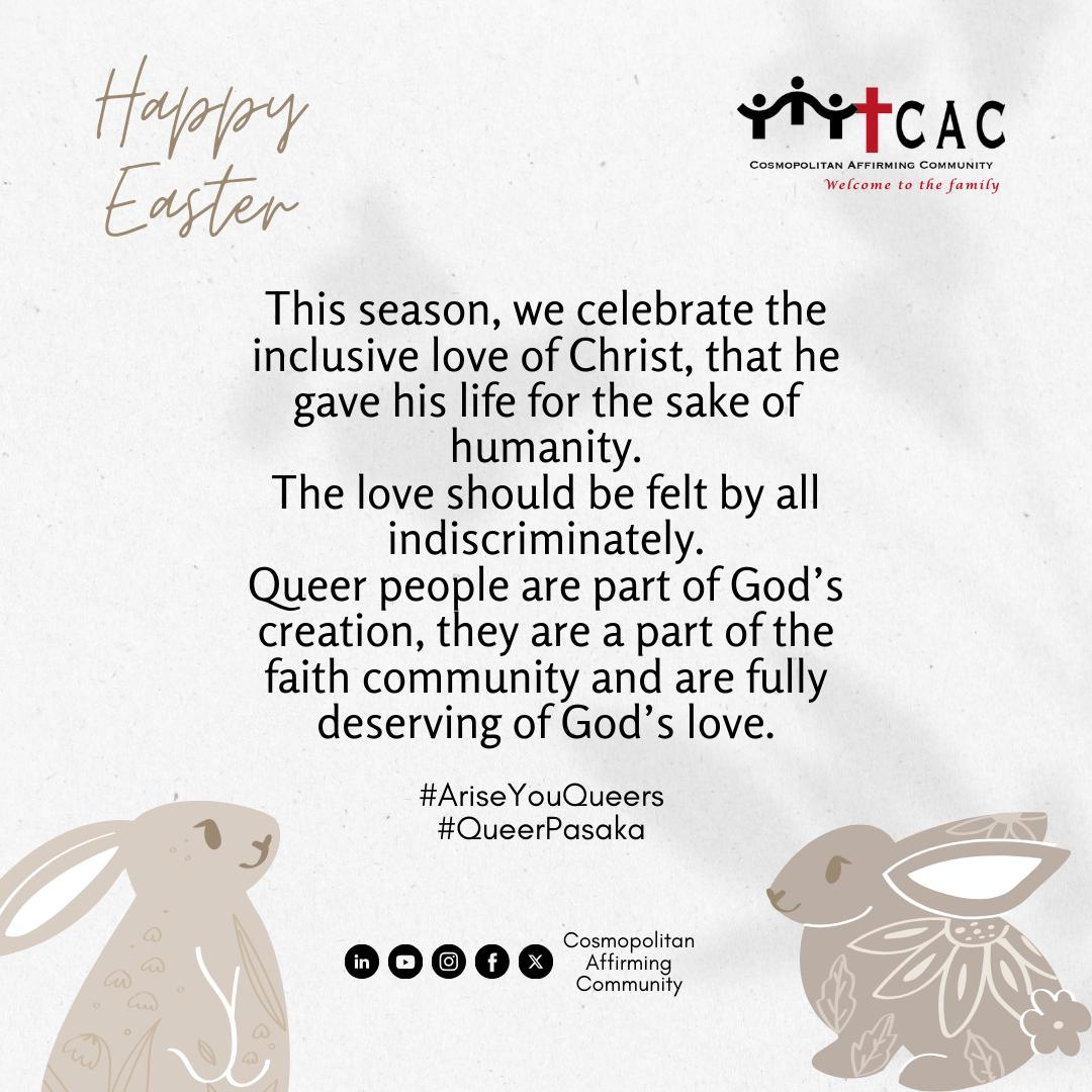 The passion of Christ is proof of radical indiscriminate and inclusive love of Jesus Christ.  As an African christian, I am called to be like Christ: Love those profiled as unlovable and to accept all as beloved children of God,and part of us
#AriseYouQueers
#QueerPasaka
<a href="/CAC_Ke/">Cosmopolitan Affirming Community - CAC</a>