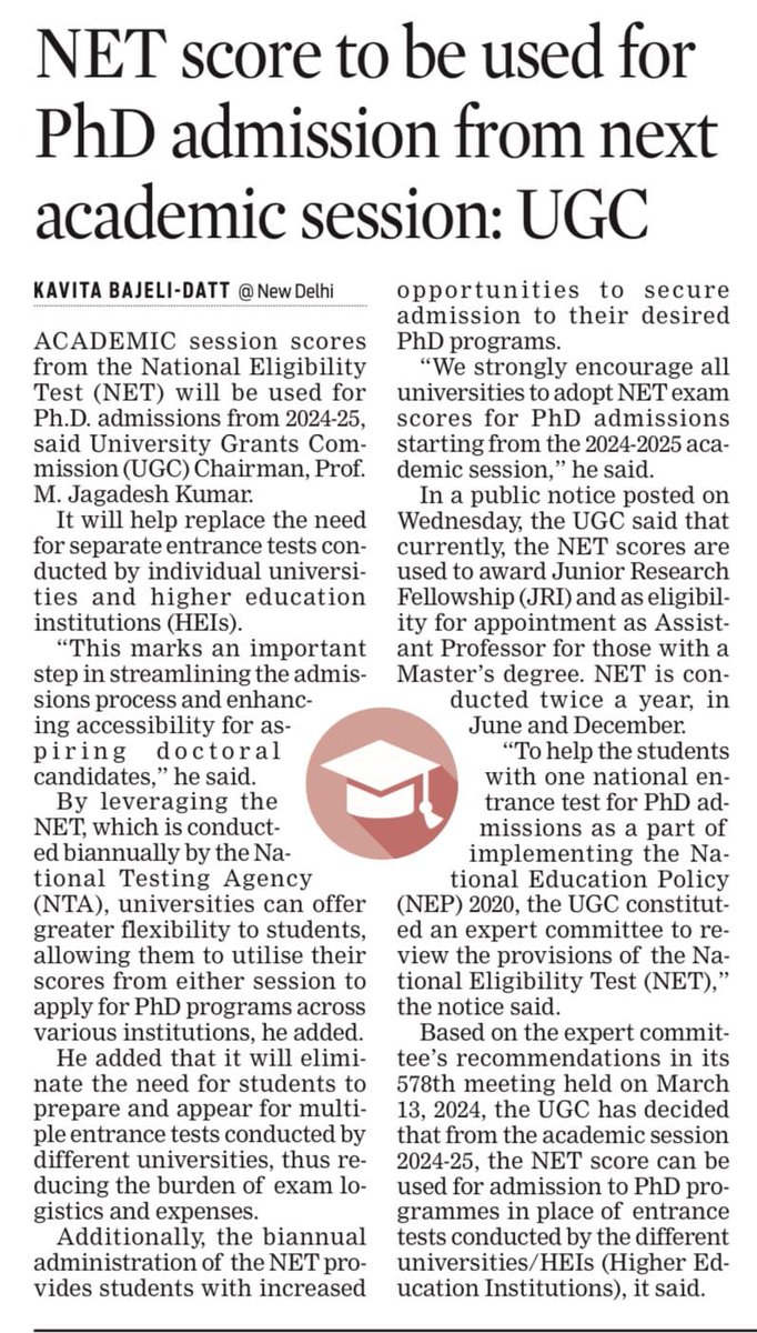 NET will replace the need for separate entrance examinations conducted by individual higher education institutions: Prof. @mamidala90, UGC Chairman. Courtesy: @NewIndianXpress