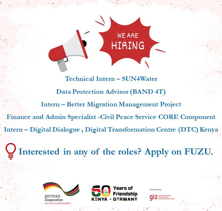 #IkoKaziKE! We are hiring! We @giz_gmbh #Kenya are looking for you! Join our ever growing and dynamic team today! From interns to technical advisors, we have an interesting range of roles available. Apply today! bit.ly/49i7buP