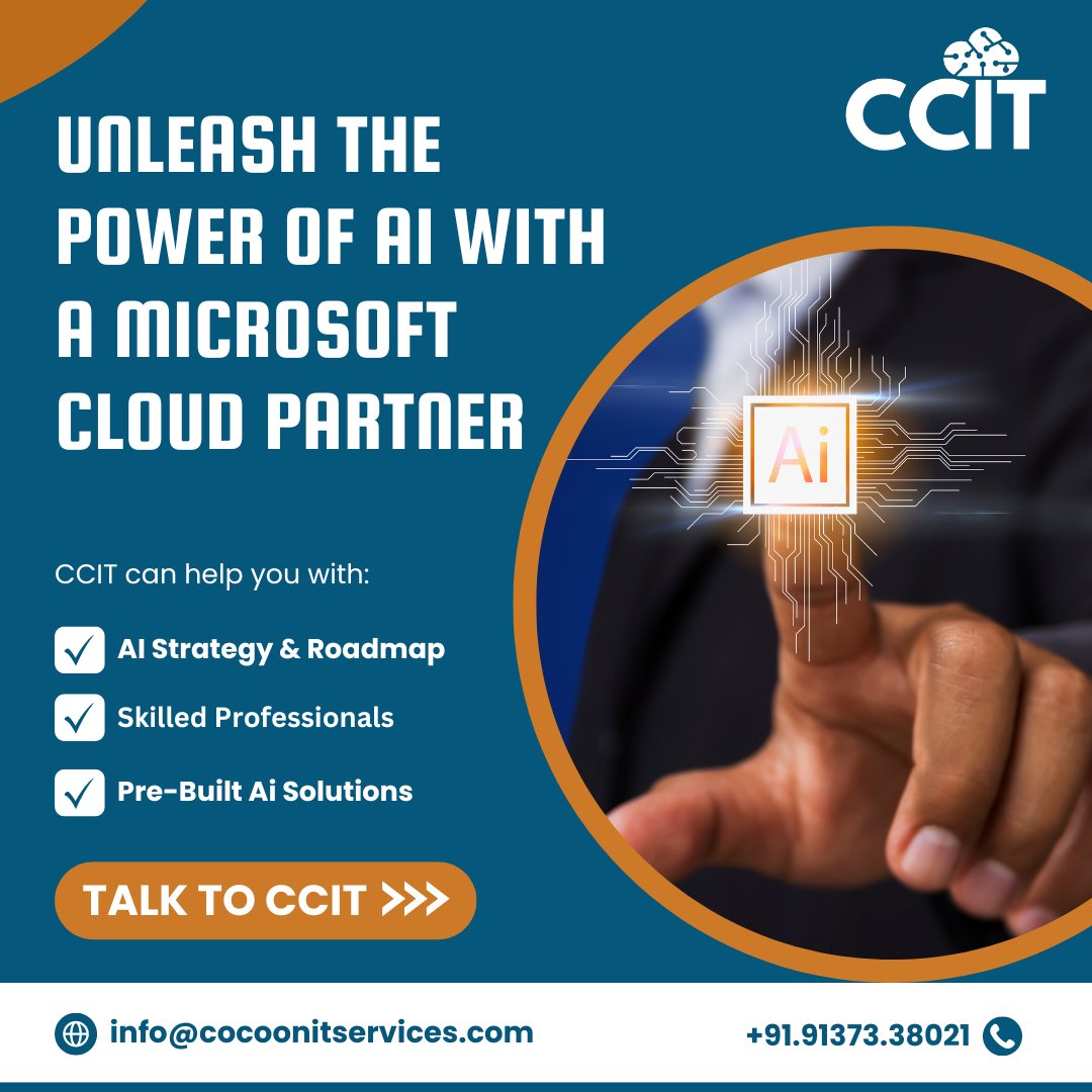 Harness AI-powered solutions from Microsoft Azure by partnering with a Microsoft Cloud Solutions Partner: Get a customized plan Successful integration Pre-built AI solutions. DM to know more. . . #MicrosoftAI #CloudAI #InnovationPartner #ccit #azure