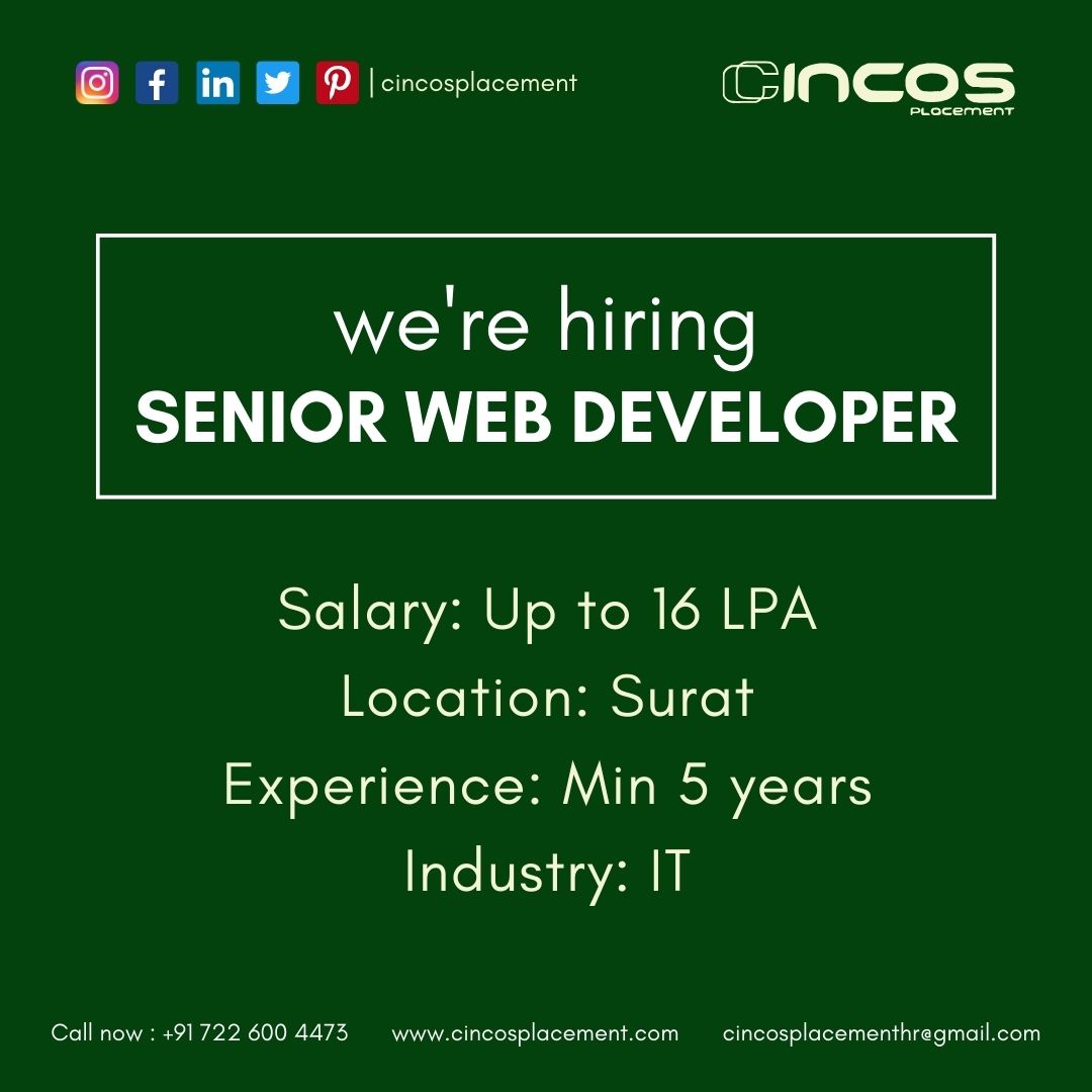 cincosplacement's tweet image. Join as a Senior Web Developer! Partner with the best IT job placement consultancy in Surat.
Contact Us
Phone: +91 7226004473
#SeniorWebDeveloper #SuratJobs #WebGuru #HiringNow #TopITJobConsultancyInSurat #TopITJobConsultantInSurat