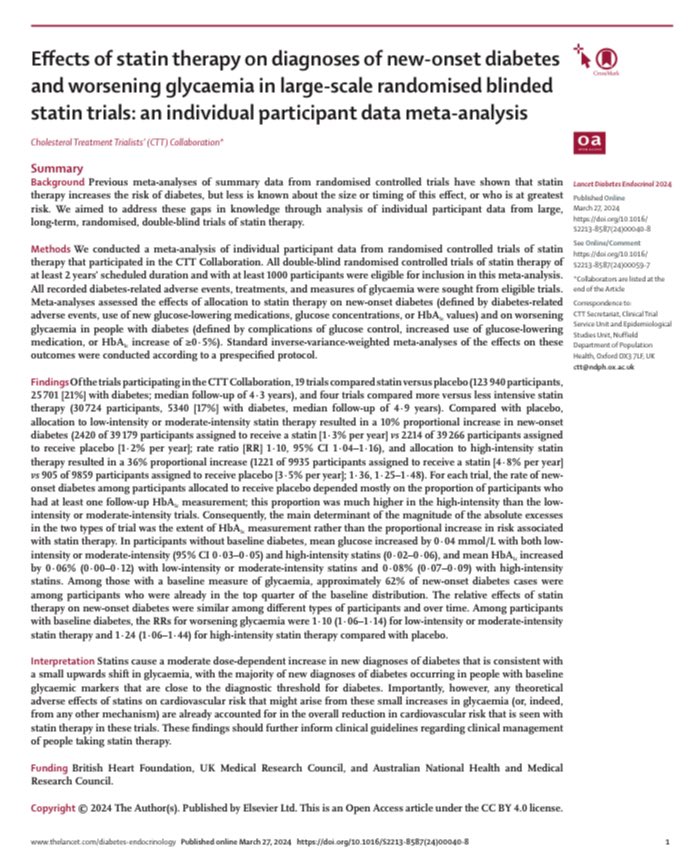 Metaanálisis CTT. Riesgo de DM2 de nueva aparición con estatinas? @TheLancetEndo Riesgo dosis-depediente Moderada intensidad —> ⤴️ 10% Alta intensidad —> ⤴️ 36% Mayor riesgo en 👥 con prediabetes Leve aumento HbA1c (0·06%-0·08%) thelancet.com/journals/landi…