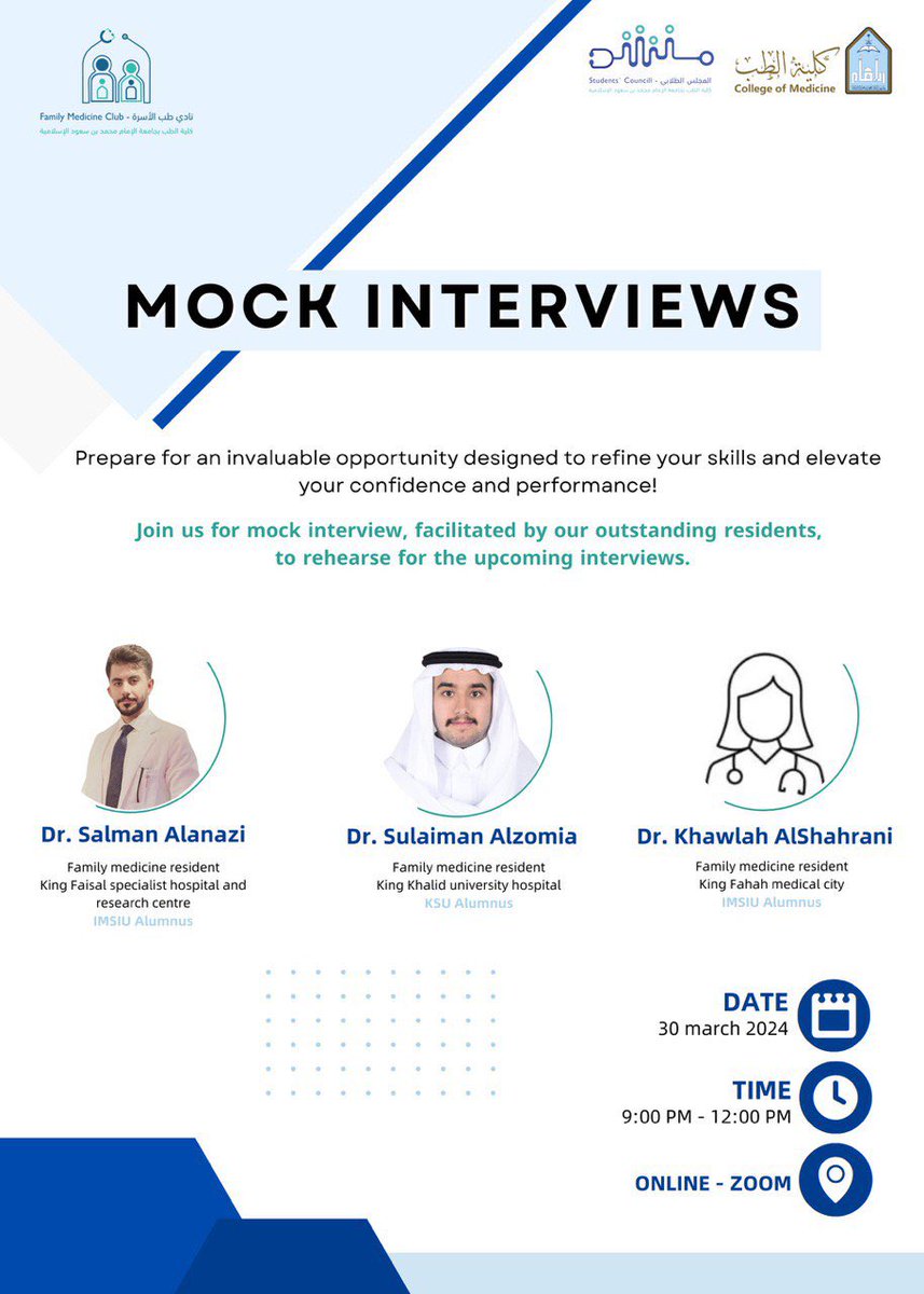 Attention for all future Family Medicine residents ✨

Seize the opportunity, prepare for your interview and join us for the upcoming mock interview series.. 

Don’t miss out, seats are limited. 

Registration via the link:
docs.google.com/forms/d/e/1FAI…