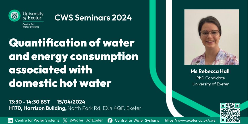 Rebecca Hall (CWS @QUEX_PhD ) will talk about Quantification of #water & #energy #consumption associated with domestic hot water at our next #CWSseminars @UQ_News @UniofExeter Join us in-person at @EngExeter 👉 eventbrite.com/e/cws-seminars… or online 👉 eventbrite.com/e/cws-seminars…