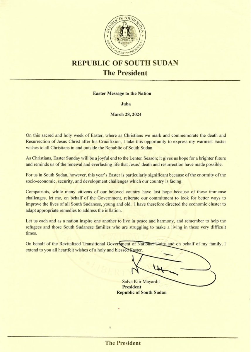 President Salva Kiir's Easter Message to the Nation: #SouthSudan