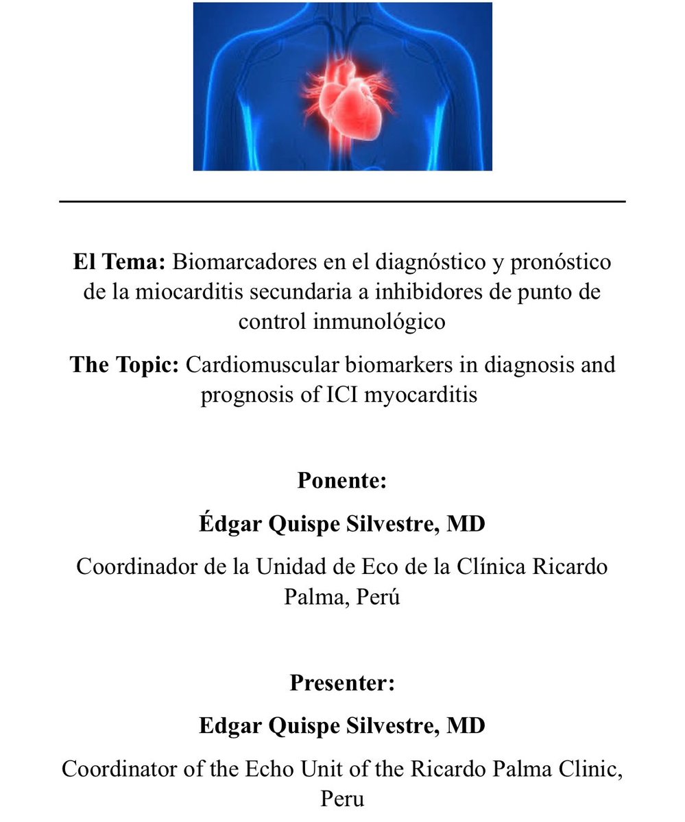 CardioOncologia SEC (@cardiooncosec) on Twitter photo 📣 Serie de webinars #cardiooncologia en español <a href="/ICOSociety/">International Cardio-Oncology Society</a>
Hoy 29/03: Biomarcadores en el diagnóstico y pronóstico de la miocarditis secundaria a inhibidores de punto de control inmunológico <a href="/cardiooncoperu/">Edgar J. Quispe silvestre MD.</a>
Regístrate 👉 members.ic-os.org/event/SpanishL… 📣 Serie de webinars #cardiooncologia en español <a href="/ICOSociety/">International Cardio-Oncology Society</a>
Hoy 29/03: Biomarcadores en el diagnóstico y pronóstico de la miocarditis secundaria a inhibidores de punto de control inmunológico <a href="/cardiooncoperu/">Edgar J. Quispe silvestre MD.</a>
Regístrate 👉 members.ic-os.org/event/SpanishL…