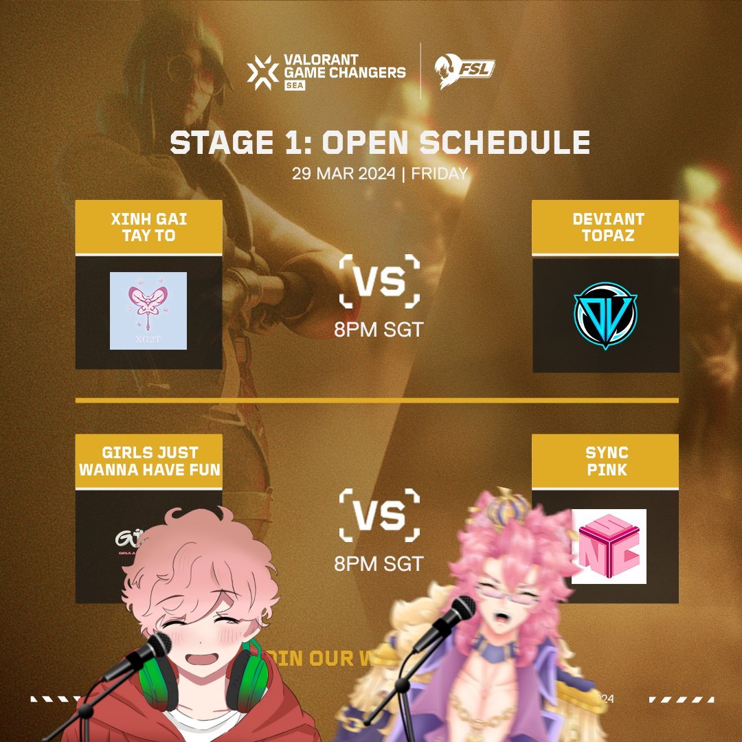 ☝️One last day, One last chance☝️

I'll be joined by <a href="/CloudRunnerRex/">CloudRunner Rex 🦖☁️🔞</a> today to cast the final day of the <a href="/Fsl_GG/">FSL</a> SEA Game Changers Open! 

We'll be casting <a href="/DeviantEsports_/">Deviant Esports</a> vs Xinh Gai Tay To, and another additional series!

Games will be 8PM GMT+8 onwards as usual >:3