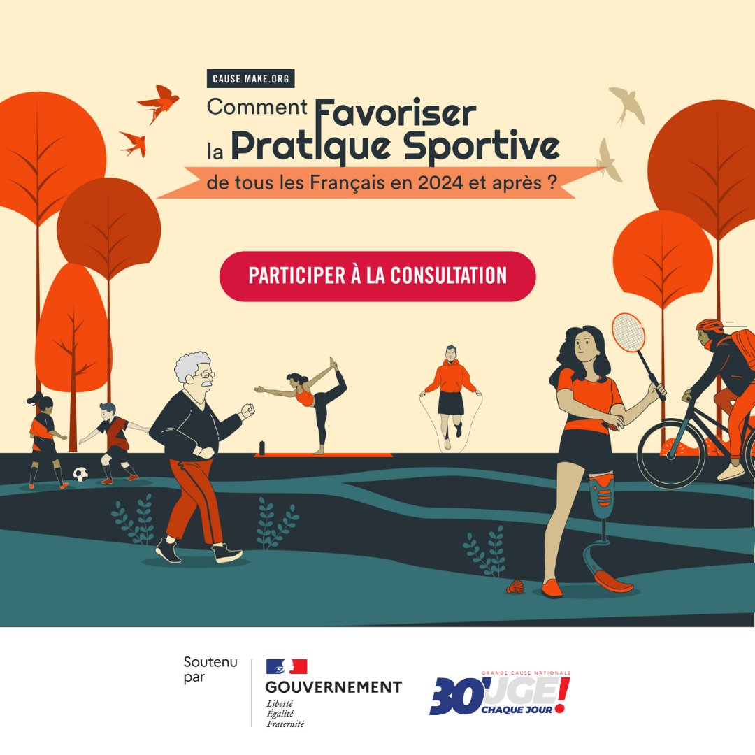 📢 La consultation #PratiqueduSport continue !

Lancée le 28 février dernier dans le cadre de la #GCN2024, la consultation <a href="/Make_org/">Make.org</a> “Comment favoriser la pratique sportive de tous les Français en 2024 et après ?” a déjà recueilli plus de 1 000 propositions et 200 000 votes.

📅