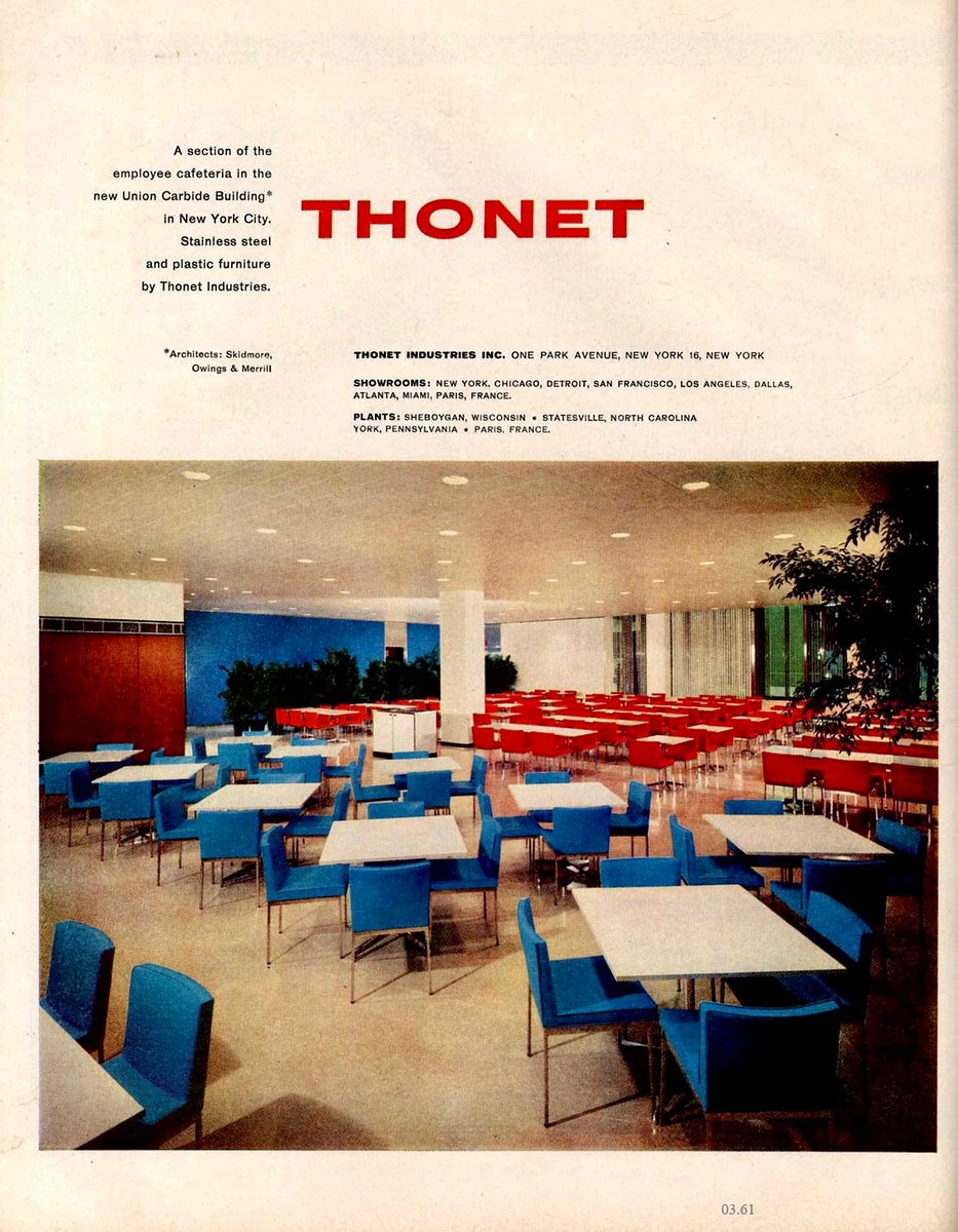 LRonLacy's tweet photo. Thonet
‘A section of the employee cafeteria in the new Union Carbide Building in New York City. Stainless steel and plastic furniture by Thonet Industries.’
March 1961.
#furniture #funituredesign #design #Thonet #UnionCarbide #plastics #design #interiordesign #graphicdesign https://t.co/KORykgLI8m