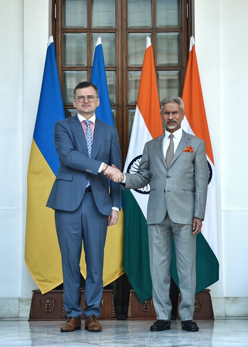 EAM Dr S Jaishankar tweets, 'Welcome Foreign Minister Dmytro Kuleba of Ukraine to Hyderabad House. Look forward to our discussions today.' (Pic: S Jaishankar/X)