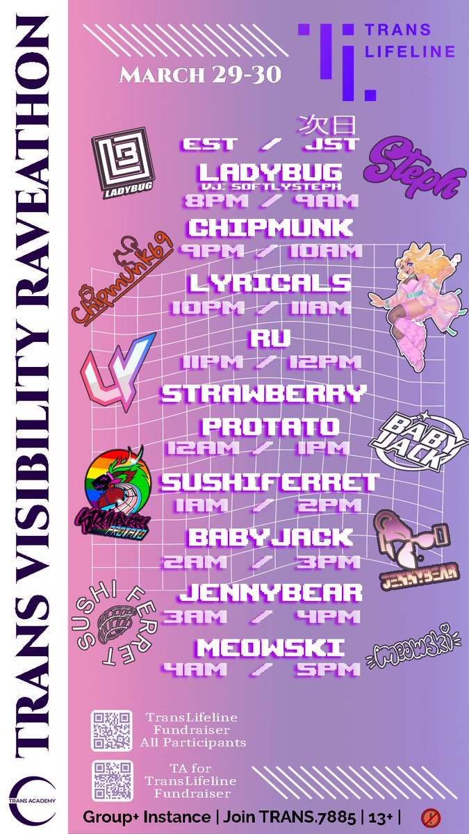 It's today!~ We'll be running our 🏳️‍⚧️TRANS VISIBILITY RAVEATHON🏳️‍⚧️ in conjunction with @TransLifeline's Visibility Marathon for charity! Enjoy 9 hours of music full of trans DJs! Join us on TRANS.7885 or watch live from our Twitch: 🔗twitch.tv/TransAcademyVR Schedule in replies! ⬇