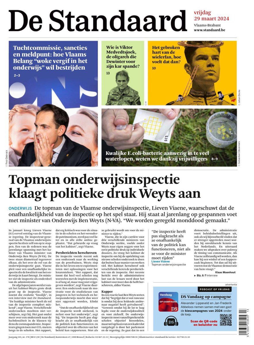 Wie vandaag <a href="/destandaard/">De Standaard</a> leest en vrijheid van onderwijs, administratie en gedachten hoog in het vaandel draagt huivert. De jacht op ‘linkse’ leerkrachten, op kritische inspectie.. rapporten achter houden, persberichten wijzigen.. 

We moeten vechten voor kwaliteit en vrijheid…