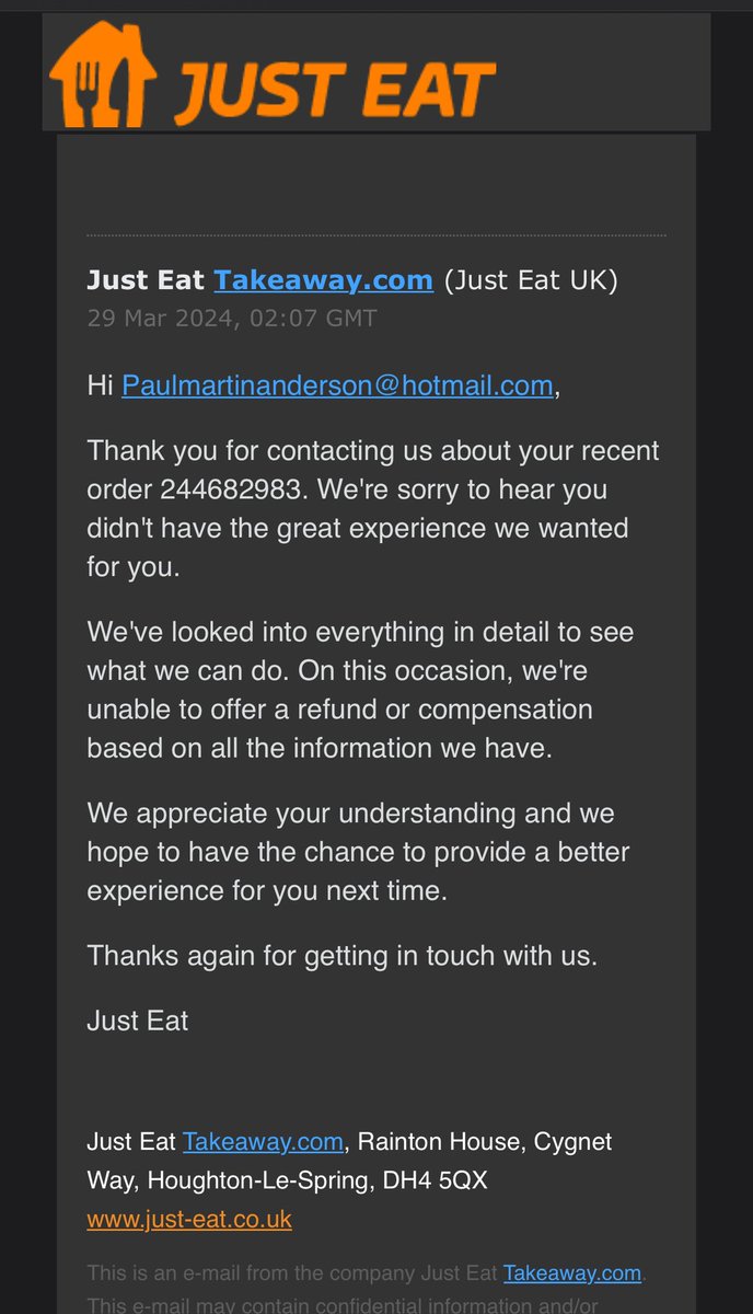 Kind of fed up <a href="/JustEatUK/">Just Eat UK</a> when ordering from a local restaurant and things are continuously wrong when delivered you get this kind of response with no ability to resolve the issue.

I think I’ll just stop using the app 👍
