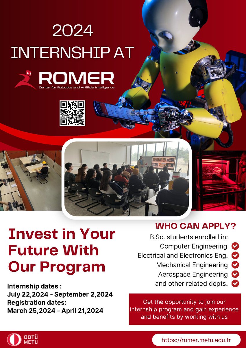 🤖 Applications for summer internship @MetuRomer is now open! Deadline April 21. More information is available at: romer.metu.edu.tr/summer-interns…