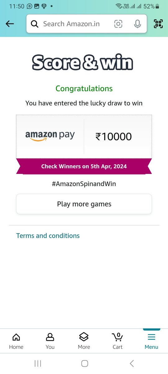 Jig8889's tweet image. X use for @amazon 
#AmazonSpinandWin
Lucky to won the amazing 👏 contest
