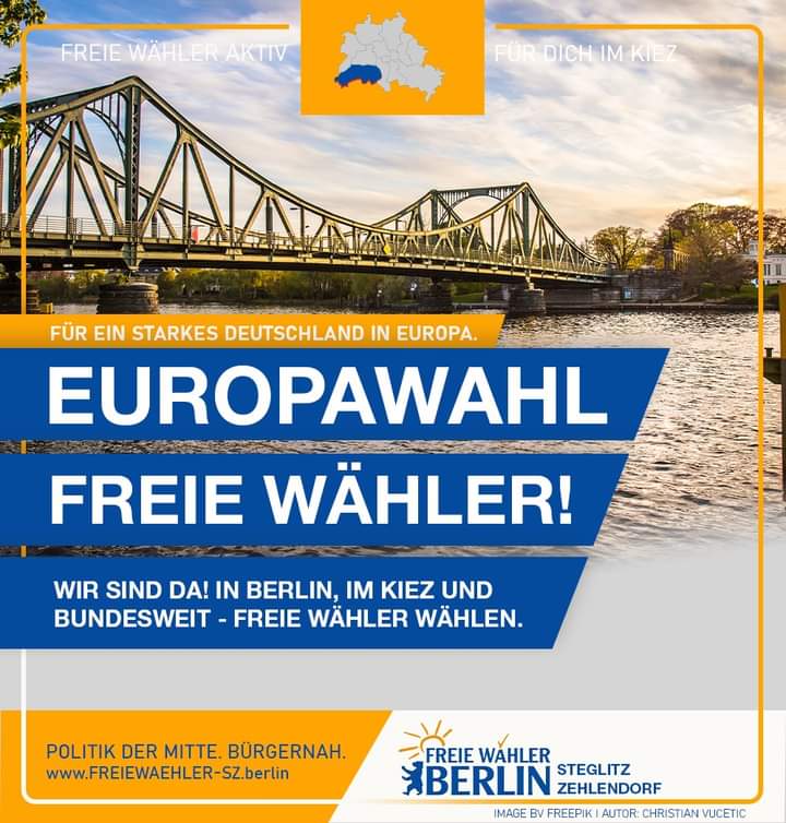 WIR SIND DA! IN BERLIN, AUCH IN DEINEM KIEZ UND SOWIESO BUNDESWEIT! WÄHLEN SIE DIE FREIE WÄHLER BEI DEN EUROPAWAHLEN AM 09.06.24. DIE FREIE WÄHLER SIND DIE ZUKUNFTSMACHER FÜR EIN STARKES DEUTSCHLAND IN EUROPA.

 #Berlin #berlín #berlin #Berlin2024 #berlincity #berlinmitte #europa