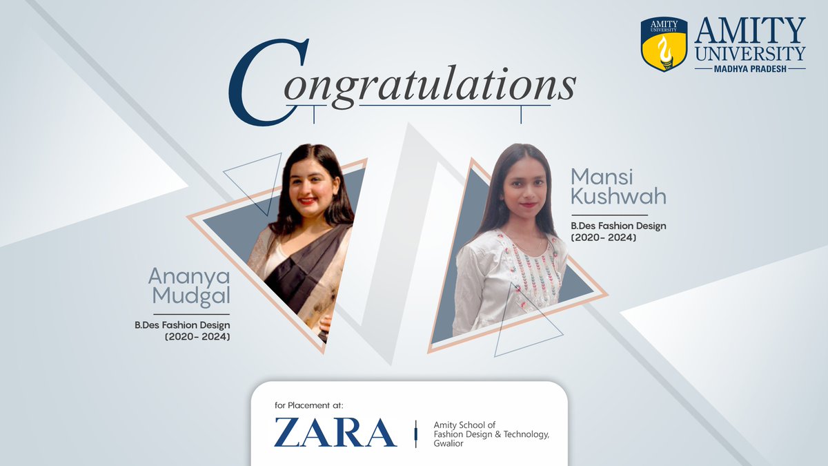 Congratulations to the students of Amity School of Fashion Design & Technology for securing a job placement at #ZARA. 

Wishing them the very best in all their future endeavours. 🎉🎓

#AmityUniversityMadhyaPradesh #Placements #Amitian #ProudMoment #CareerMilestones