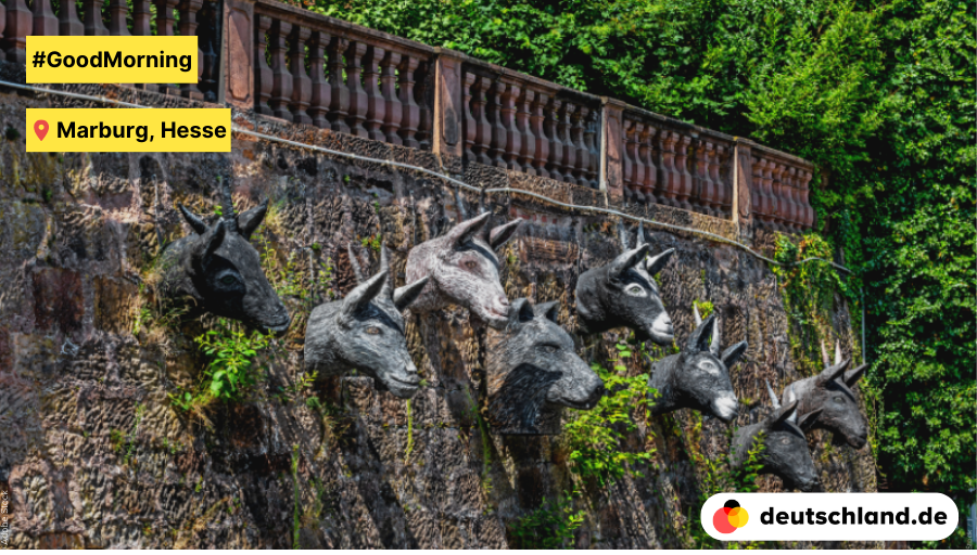 🌅#GoodMorning from #Marburg in Hesse. 🐐 This unusual wall depicts the goats from the fairy tale 'The Wolf and the Seven Little Goats' by the #BrothersGrimm. They lived in Marburg in the 19th century. 🧚The figures are part of the Fairy Tale Trail. #PictureOfTheDay #Germany