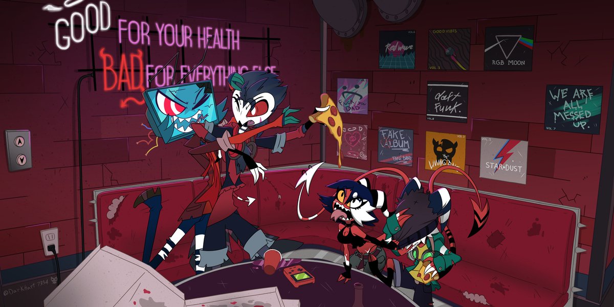DarkHart7334's tweet photo. heres a pic i did with all my oc's,still trying to draw more consistently.#HasbinHotel #HelluvaBoss #Hellbound #Original #DarkHart7334 #oc #drawing https://t.co/d83hY2S20M