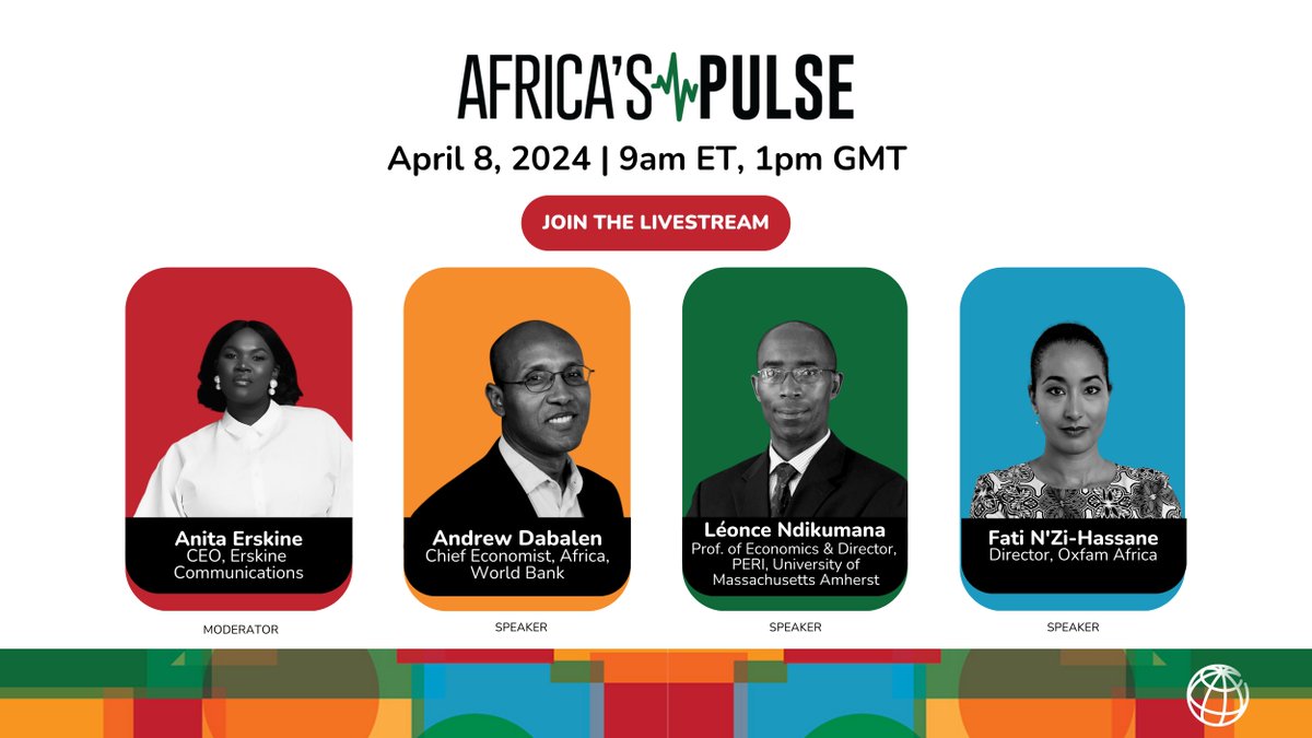 Join the live #AfricasPulse launch where experts reimagine an inclusive economic future. Featuring @WorldBankAfrica's Chief Economist Andrew Dabalen, @LeoncenDikumana, @FatiHassane, and our host @theAnitaErskine. Sign up here: wrld.bg/PKyF50R4pAh