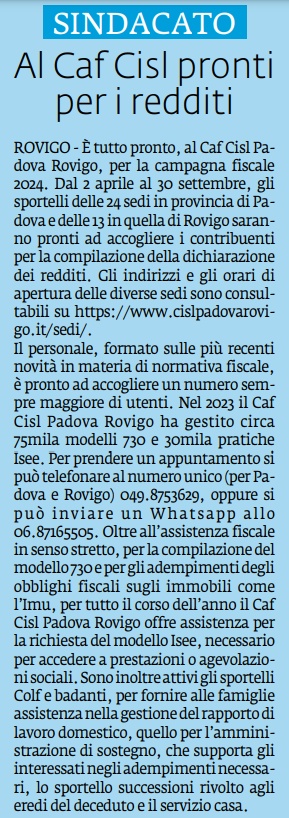 🗞️Tutto pronto al Caf della @cislpdro per la campagna fiscale 2024. Dal 2 aprile al 30 settembre, gli sportelli delle 24 sedi in provincia di Padova e delle 13 in quella di Rovigo saranno pronti ad accogliere i contribuenti. Sul @Gazzettino e @lavocedirovigo di oggi.