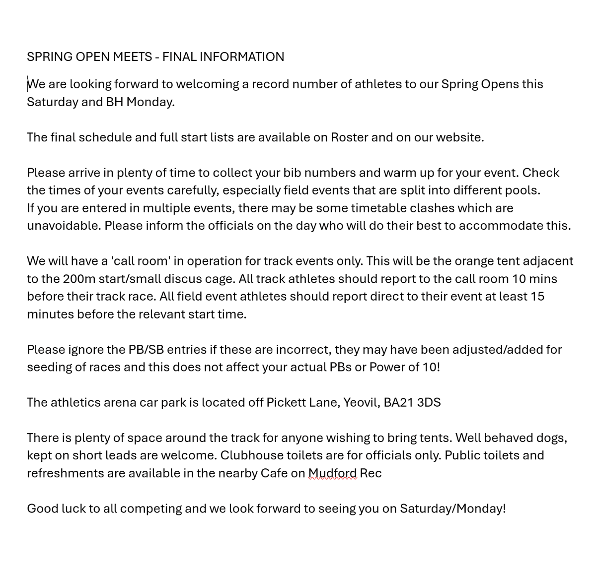 Yeovil Olympiads AC (@yeovilolympiads) on Twitter photo Spring Open Meetings.... THIS WEEKEND!
The Final schedule and start lists for our two days of athletics are available on <a href="/RosterAthletics/">ROSTER ATHLETICS</a> and on our website bit.ly/YOACspringopen Spring Open Meetings.... THIS WEEKEND!
The Final schedule and start lists for our two days of athletics are available on <a href="/RosterAthletics/">ROSTER ATHLETICS</a> and on our website bit.ly/YOACspringopen