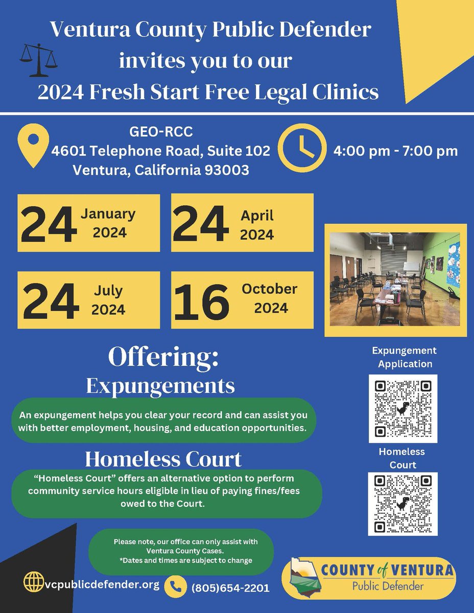 📅Don’t miss the VC Public Defender's upcoming FREE LEGAL CLINIC April 24th ‼ 👉This is 1 of 4 clinics being offered this year focusing on expungements & homeless court support. ✨If you're seeking a fresh start this is an invaluable opportunity. 🔗vcpublicdefender.org