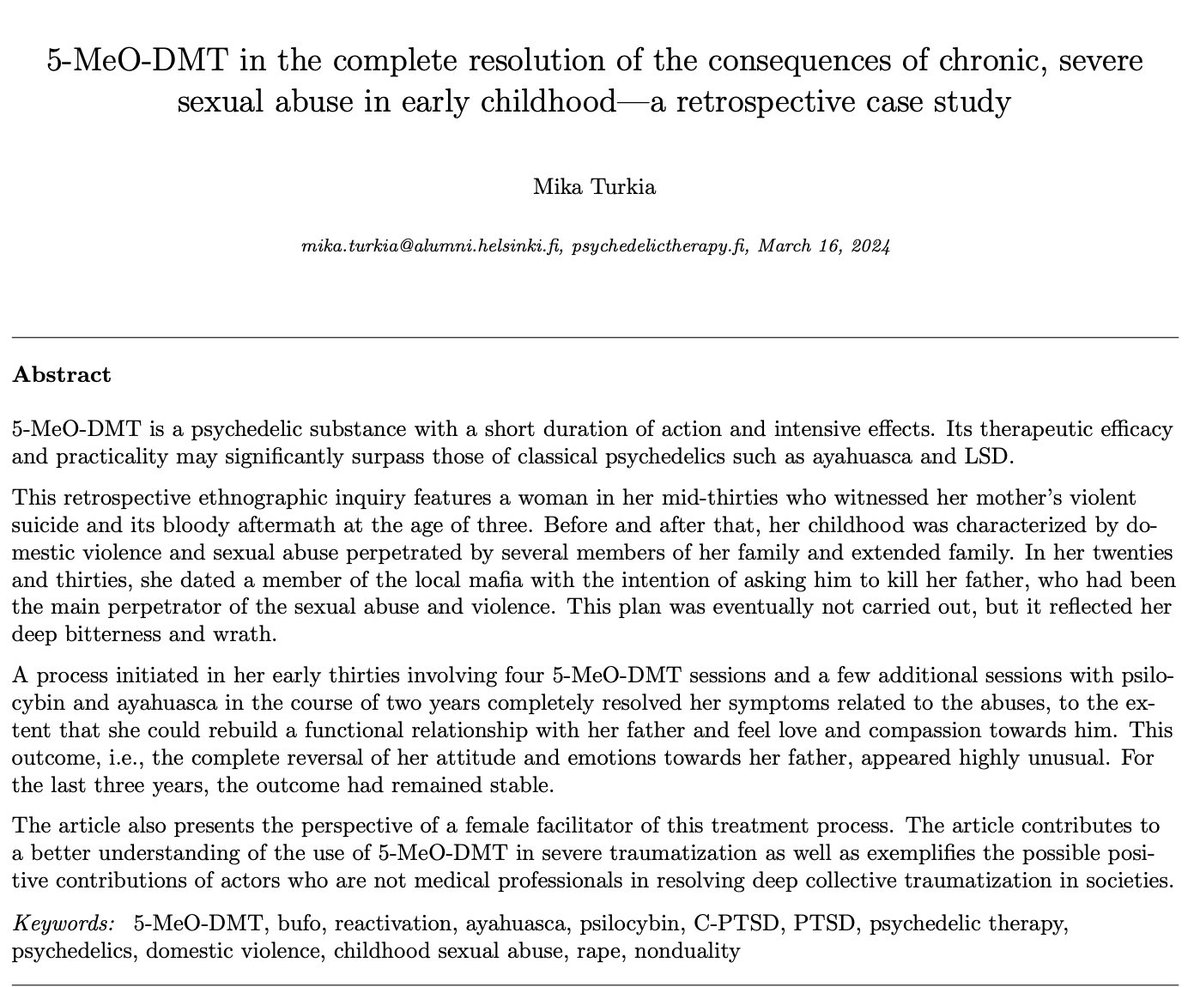 5-MeO-DMT Factory Reset...

"5-MeO-DMT in the complete resolution of the consequences of chronic, severe sexual abuse in early childhood"

Pre-print: researchgate.net/publication/37…