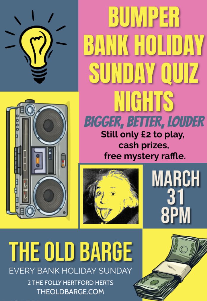 This Sunday! The joy of quiz…. Little bit of everything in this one, no need to book, just come along and grab a table!

#quiz #pubquiz #quiznight #raffle #prizes #eastersunday #inittowinit #cash #freestuff #whatsonhertford #lovequiz #lovehertford #lovelocal
