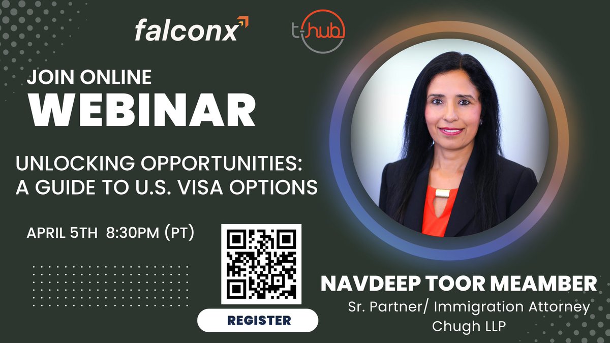 FalconXGateway's tweet image. 🌟 Unlocking Opportunities: A Guide to U.S. Visa Options 🌟
📢 Join the Exclusive Webinar organized by FalconX in collaboration with T-Hub, where we'll delve into the intricate world of U.S. visas, helping you unlock pathways to success!
Register: lu.ma/rpl5cp14
