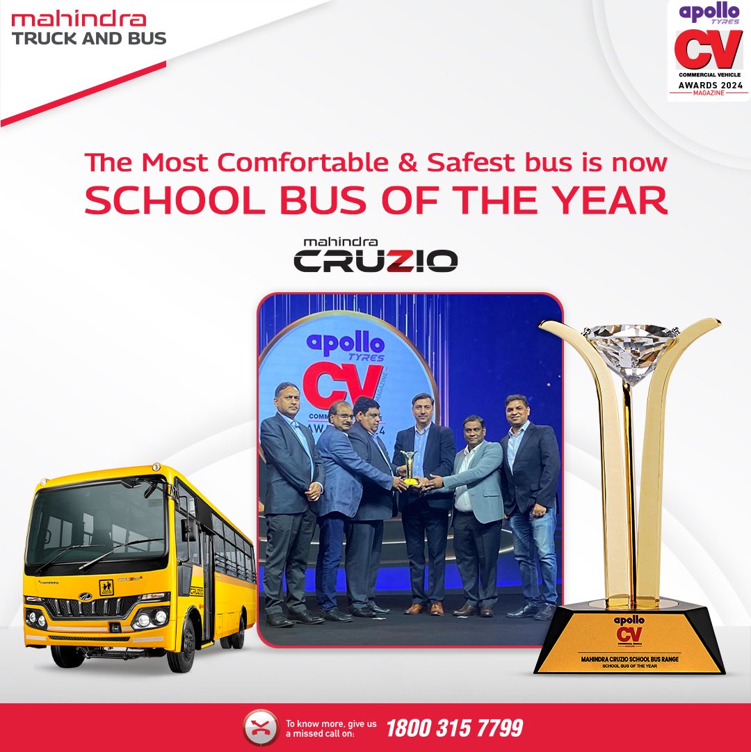 Safety, comfort, and profitability rolled into one! Mahindra CRUZIO won the prestigious School Bus of the Year award at the Apollo CV Awards. Thank you to our incredible team for making this possible! #ApolloCVAwards2024 #SchoolBusOfTheYear #SchoolBus #SchoolBusRange #Cruzio