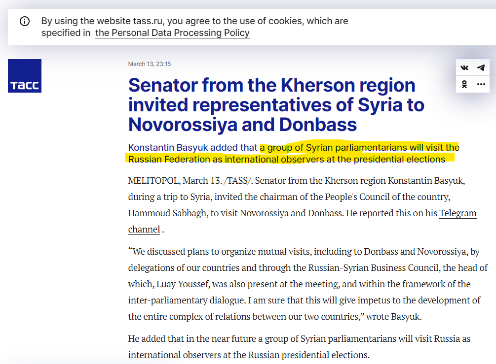 As the world awaits the outcome of Russia's forthcoming presidential elections anxiously, Syrian MPs will soon travel to Moscow as international observers. In case, you know, someone decided to rig the vote. Let's see who will win these elections.