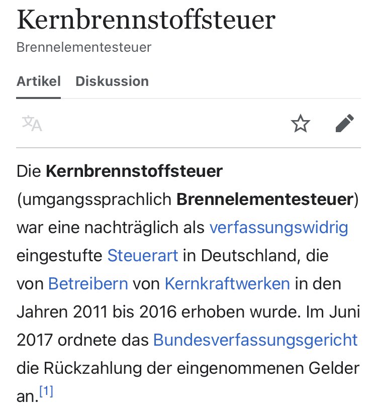 @wegeheld @VeroWendland Wieso führte der Gesetzgeber 2011 eine Übergewinnsteuer auf die Kernenergie (Kernbrennstoffsteuer) ein statt einfach die angeblichen Subventionen zu streichen? Erklären Sie mir das mal als wäre ich fünf Jahre alt!👇 de.wikipedia.org/wiki/Kernbrenn…