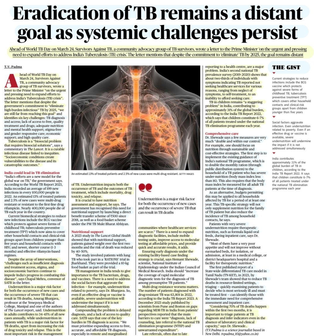 #Tuberculosis 'Eradication of TB remains a distant Goal as Systemic challenges persist' :An Insightful article by Ms T. V. Padma @tvpadma TB in #India ,stats, programs, #nutrition support,PM TB mukt abhiyan,#Nikshay ,issues & More info.. #treatment #Diagnosis #Malnutrition