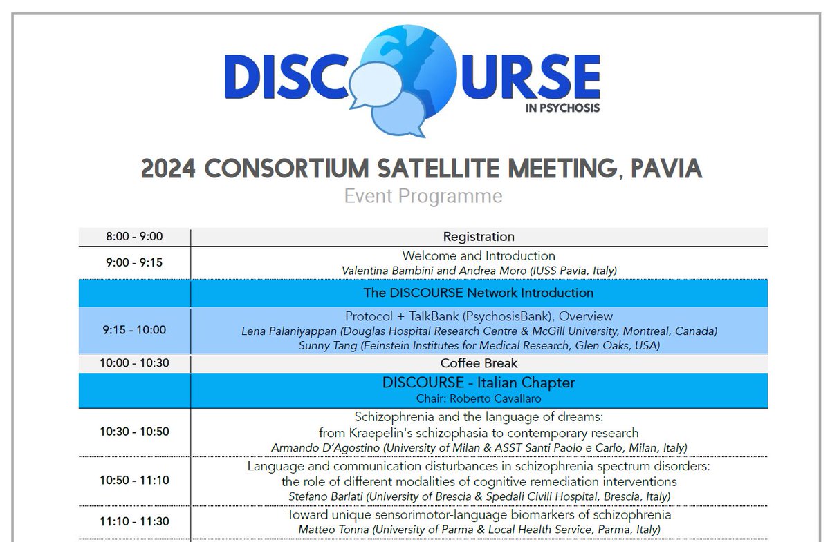 cbarattieri_eu's tweet photo. Join us for the 2nd @discourseinpsy satellite meeting! We will discuss #language in #psychosis, #pragmatics, #computationalmodels, and much more. Mon 8th of April, from 9AM-6.30PM, organized by @IUSS and @SanRaffaeleMI Zoom link 👉https://t.co/fXrqk6XqPX https://t.co/GxnbuEKuZc