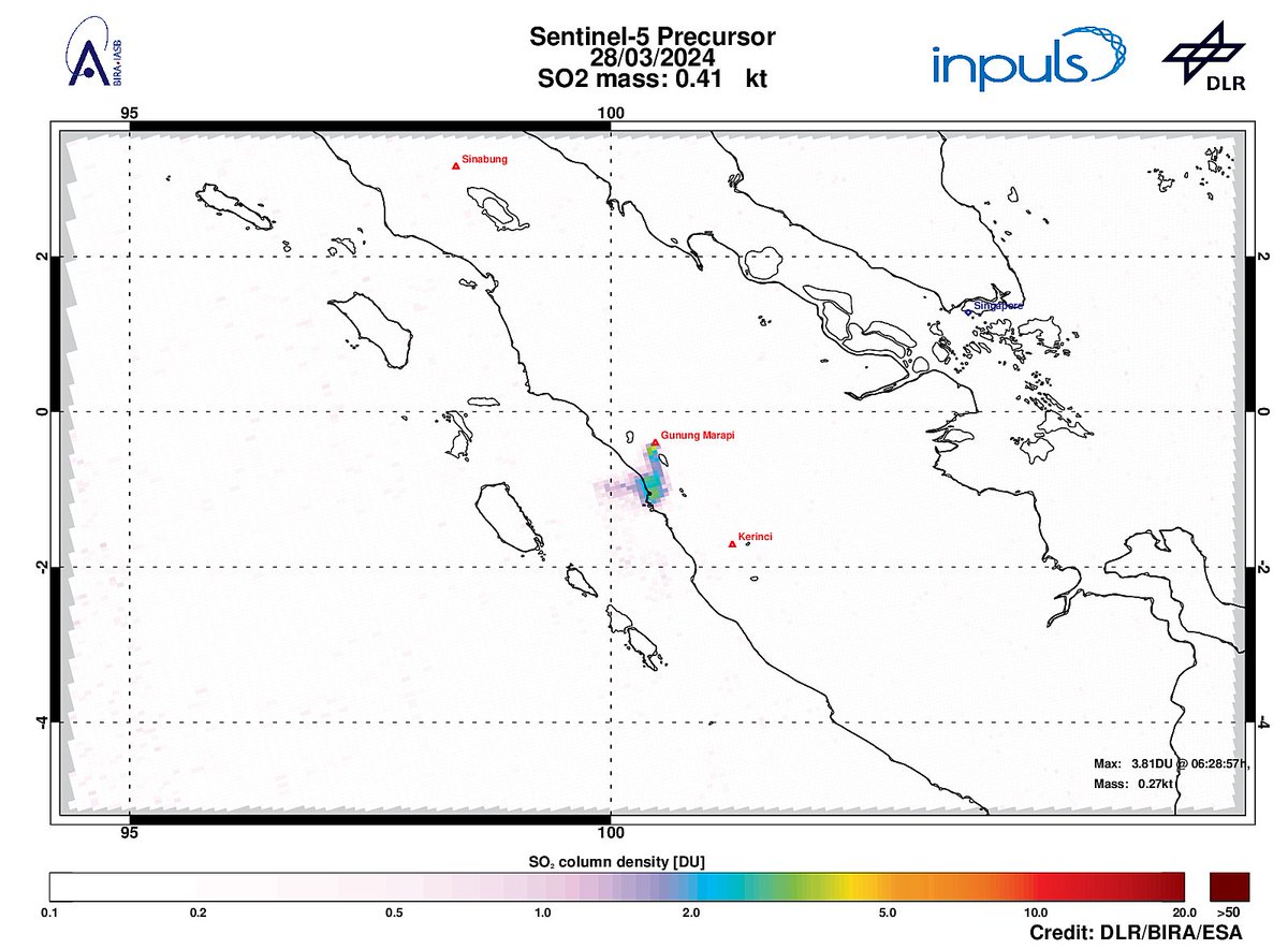 Pada 28-03-2024 #TROPOMI telah mendeteksi peningkatan sinyal SO2 sebesar 3,81DU pada jarak 8,9km ke #GunungMarapi.  

Sumber terdekat lainnya: #Kerinci.  #DLR_inpuls @tropomi #S5p #Sentinel5p @DLR_en @BIRA_IASB @ESA_EO #SO2LH
@DlrSo2