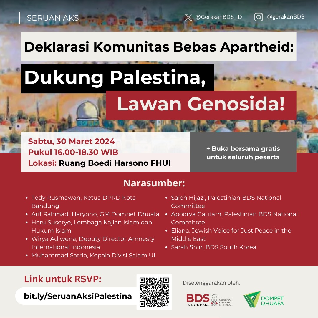 Siapa yang siap lawan kejahatan Israel? 🍉 Ayo ikuti DEKLARASI KOMUNITAS BEBAS APARTHEID 'Dukung Palestina, Lawan Genosida!' 📅 Sabtu, 30 Maret 2024 🕓 Pukul 16.00-18.30 📍 Di Ruang Boedi Harsono Fakultas Hukum Universitas Indonesia maps.app.goo.gl/U3FfELAAboBiBe… 👥 Para pembicara:…