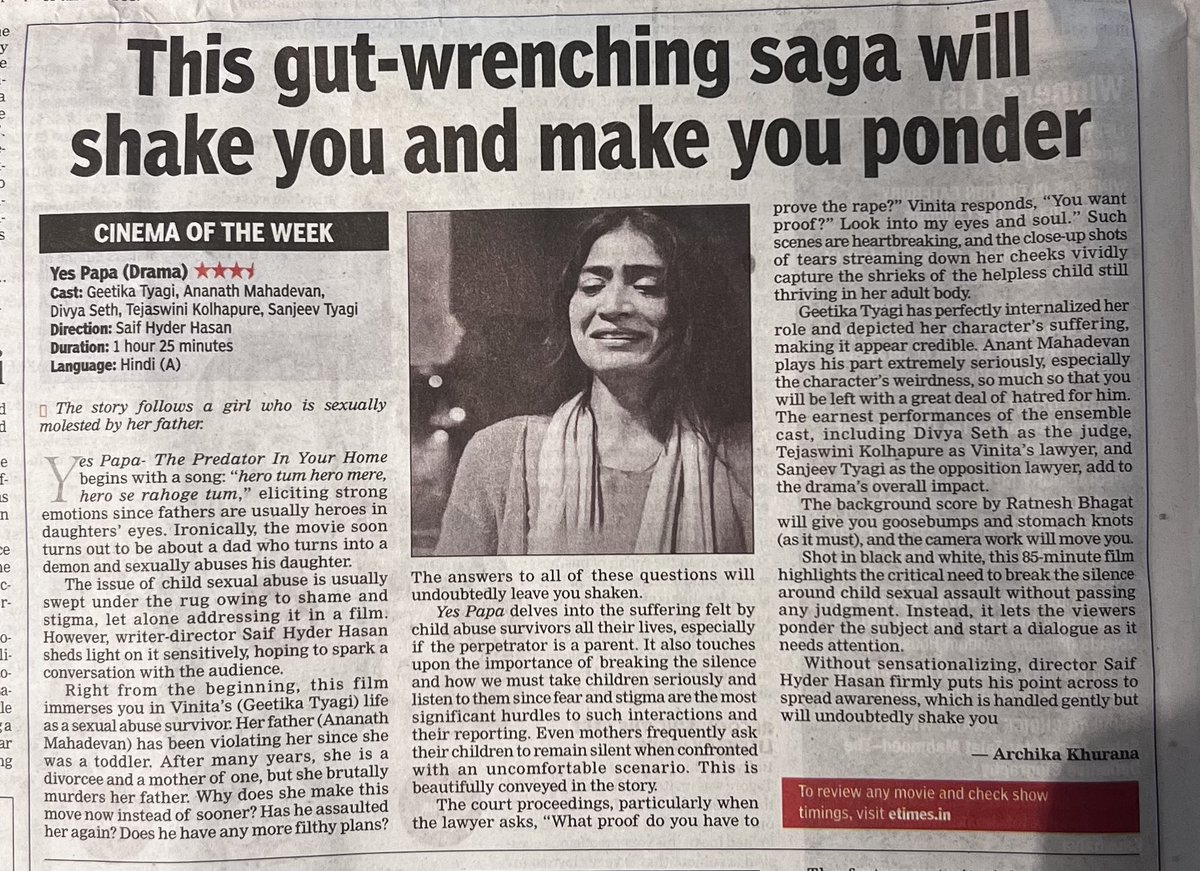 vivekagnihotri's tweet image. Friends, please watch this powerful, and perhaps, the bravest movie #YesPapa.

Hats off to director @saifhasan for exploring this ‘taboo’ theme and to the creative producer @Ramkamal.
Please watch great acting by @ananthmahadevan and @TyagiGeetika. 

#YesPapa released today.