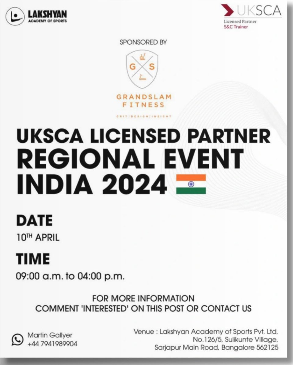 UKSCA Licensed Partner Lakshyan Academy of Sports Regional Event in India Date: 10th April, 9am - 4pm Fee: In-person: £30 Online: £25 Register using this form: forms.gle/ZGmGeBkYJvy7a2… For more info comment 'interested' on this post or contact us on +447941989904 (WhatsApp)