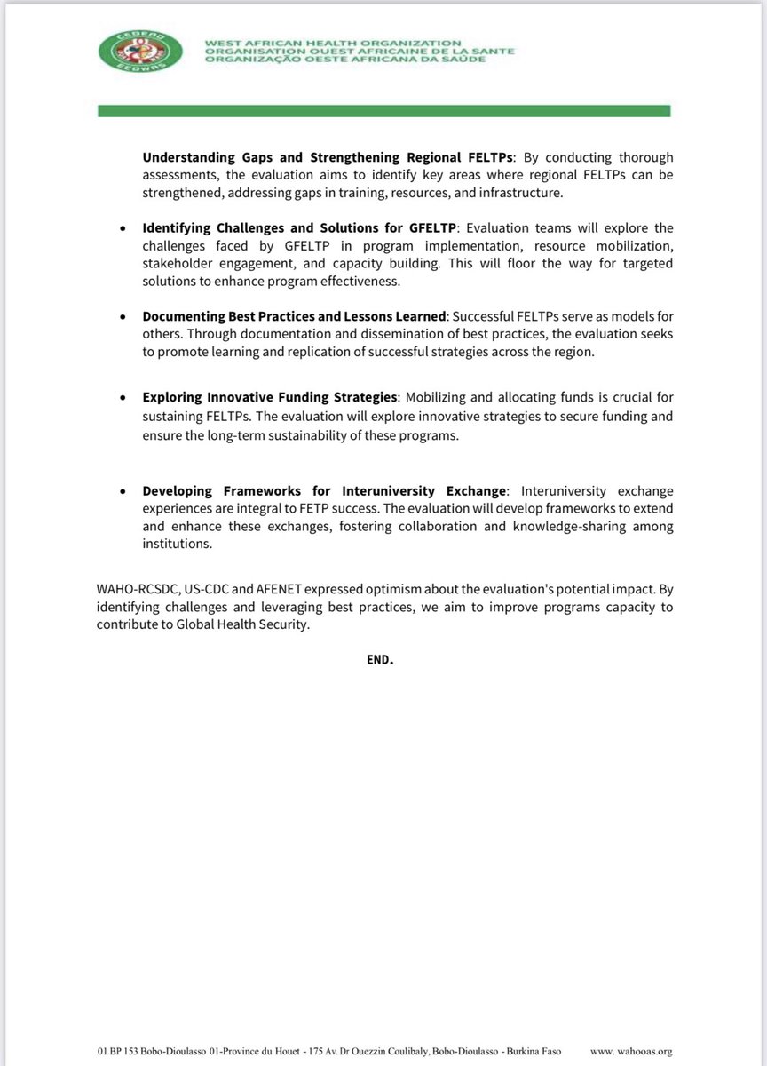 A press release from the ongoing joint evaluation of Ghana Field Epidemiology and Laboratory Training program by @OoasWaho @Ecowas_cdc @AFENETAfrica @GFELTP @USCDCNIGERIA . @ecowas_cedeao @vlokossou