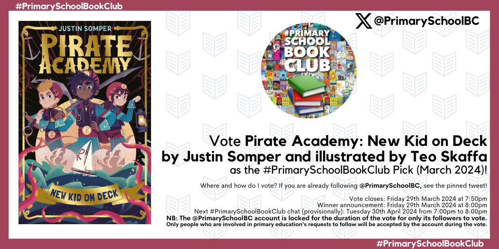 Vote for us! We’re swashbucklingly thrilled that Pirate 🏴‍☠️ Academy: New Kid on Deck has been included in the #PrimarySchoolBookClub March 2024 vote this evening. Head to @PrimarySchoolBC and vote for it using the pinned tweet!