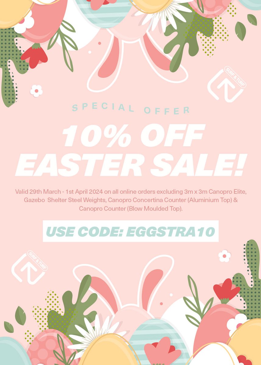 🐇🐣 10% OFF this Easter Weekend! 🐇🐣 Use code: EGGSTRA10 at checkout 🛒 Valid 29th March - 1st April 2024 on all online orders excluding 3m x 3m Canopro Elite, Gazebo Shelter Steel Weights, 3m Canopro Cocertina Counter (Aluminium Top) & 3m Canopro Counter (Blow Moulded Top).