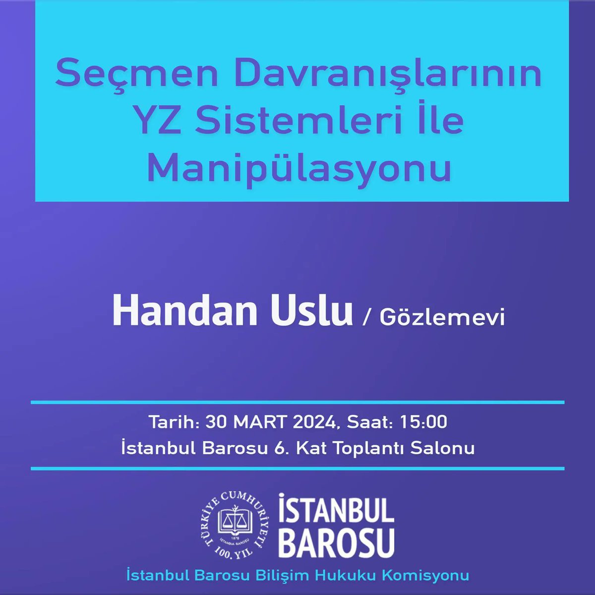 🗓️ 30 Mart #cumartesi 🕞 15.00 ✅ Düzenleyen: @ibbhk 💬 @handanusl 📢 Yaklaşan hukuk etkinlikleri: turkiyehukuk.org/etkinlik/ 🔹Bizi takip edin: linktr.ee/turkiyehukuk