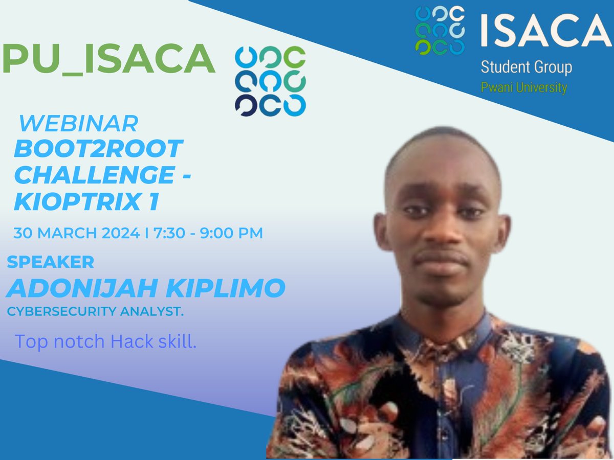 IsacaPwani's tweet photo. This Saturday we shall be having a virtual class with Adonijah Kiplimo as the keynote speaker.
The meet link is 👉https://t.co/k3VJnCbDwu
TIME: 7: 30PM - 9PM
#ISG
#cybersecurity https://t.co/uFhpSIIURX