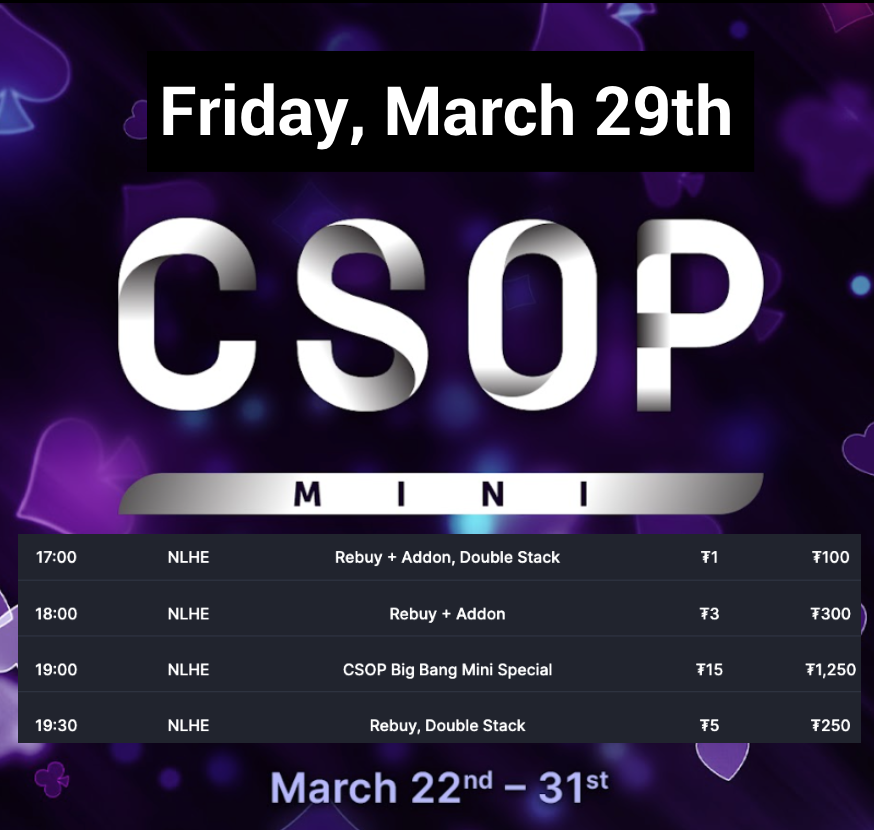 CoinPoker_OFF's tweet photo. 📢 100% No Limit Hold'em tournaments today in the CSOP Mini schedule. Double Stack, Big Bang Mini Special &amp; more. See you at the table! 😎
#CSOPMini #CryptoPoker #NLHE https://t.co/Fte3osx0wk