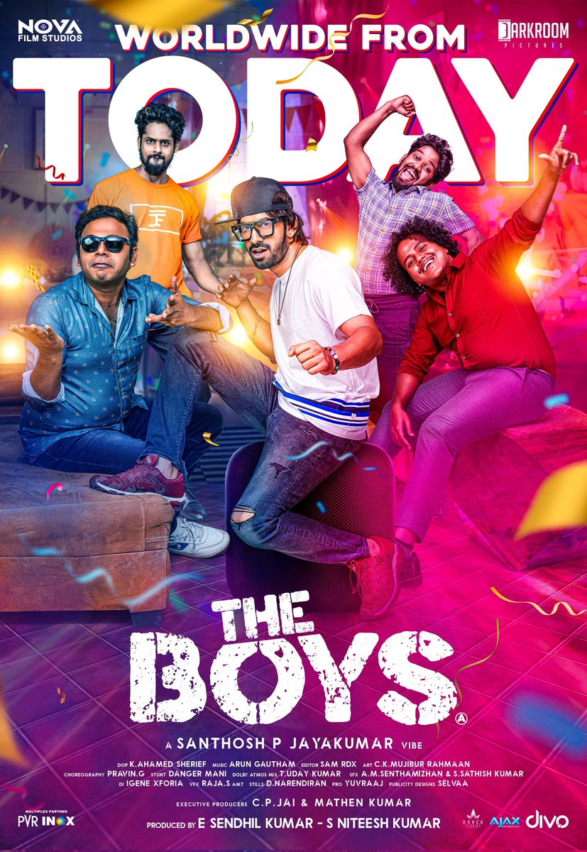 #TheBoys are all set to rock in the theatres today. Book your tickets now and join the epic ride! #TheBoysFromToday @santhoshpj21 @Novafilmstudio @darkroompic #ArunGautham @proyuvraaj