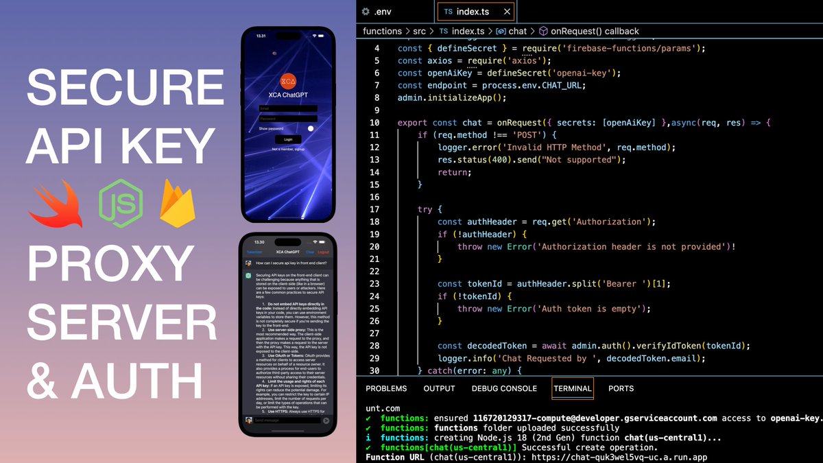 Just published a new video tutorial on XCA! youtu.be/-HJeBV70zIE Learn how to secure your API Key in FE Client by using Proxy Server with User Authentication! At the end of the tutorial, we'll deploy the proxy server the Cloud! #iosdev #SwiftUI